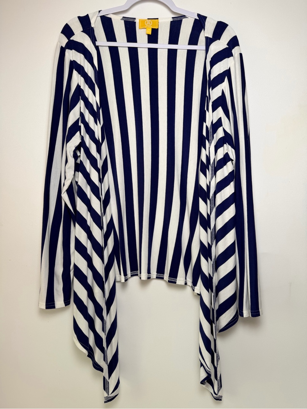 Liz Lange Women’s 1X Plus Blue White Striped Tunic Dolman Draped Open Cardigan